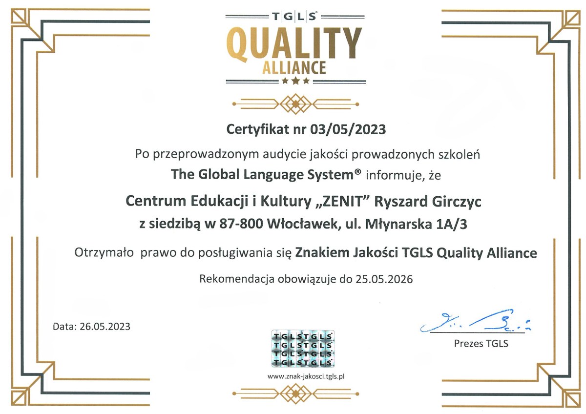 Certyfikat Znaku Jakości TGLS Quality Alliance